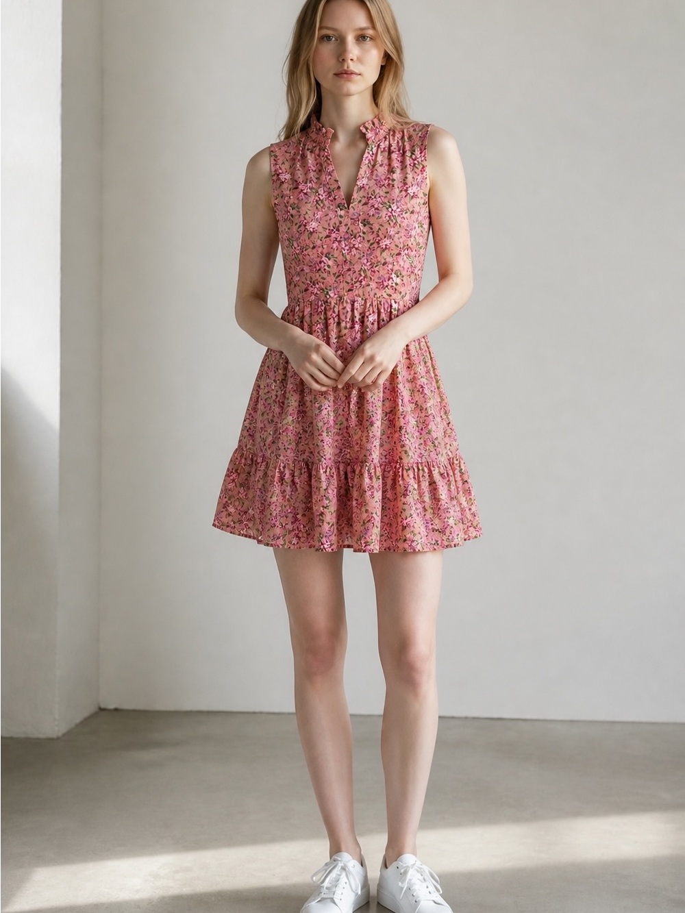 136 Fate - Pink Floral Ruffle-Tier Mini Dress